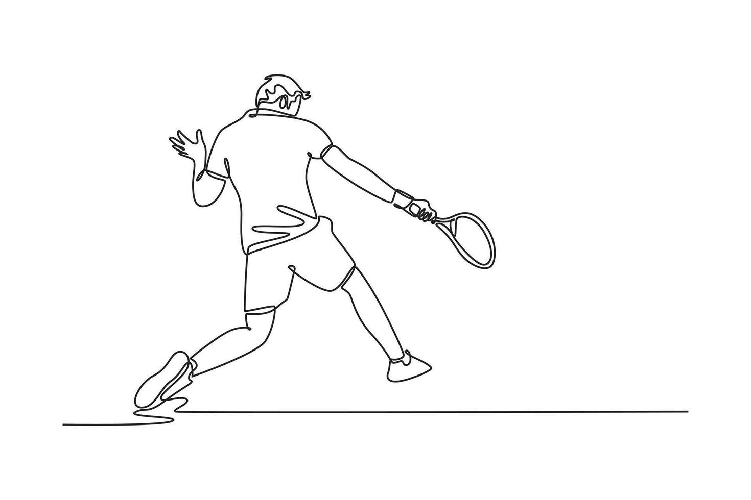 Continuous one line drawing back view tennis player get ready to receive the ball from opponent. Athlete are playing defense with backhand method. Single line draw design graphic illustration vector