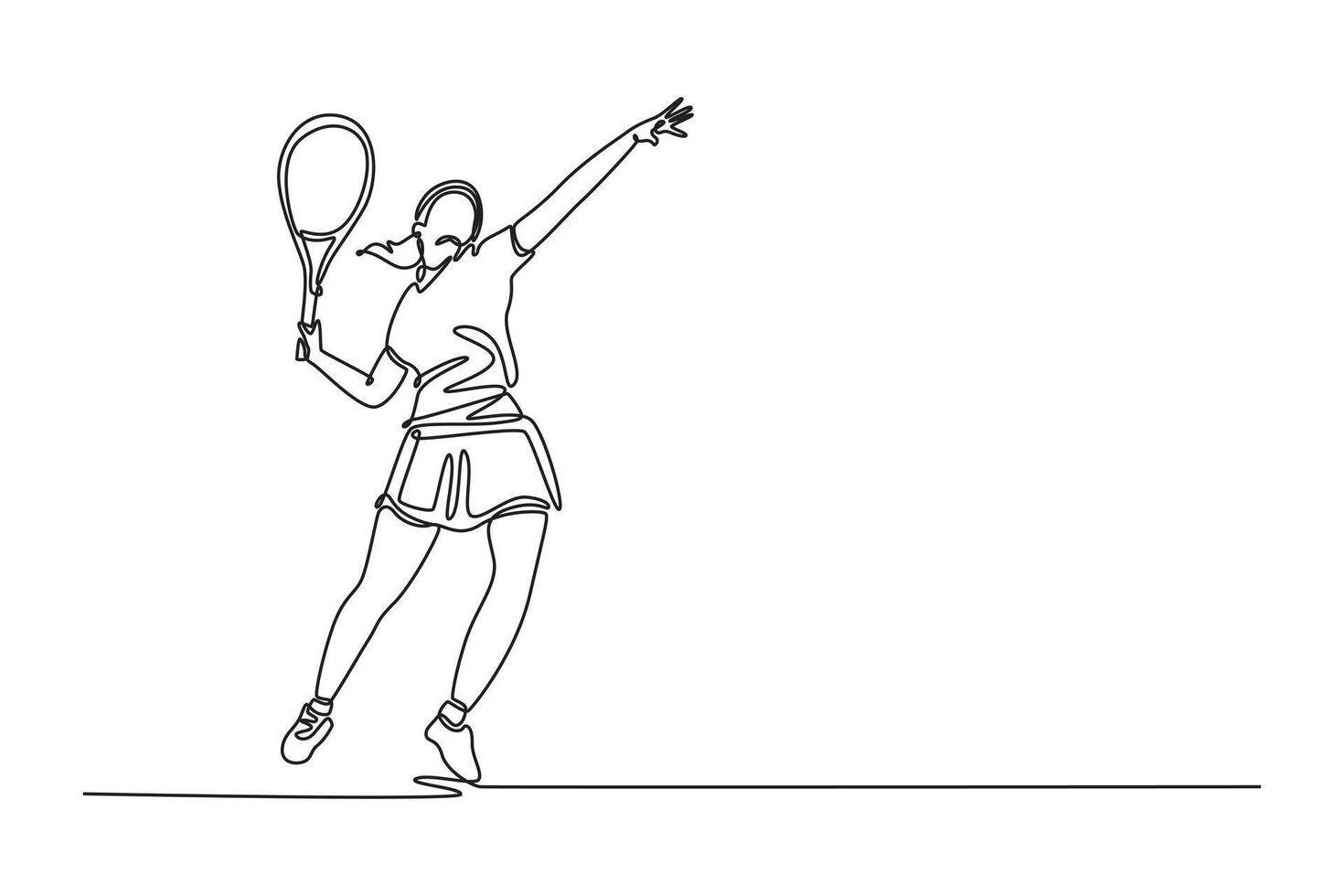 Continuous one line drawing woman tennis player serves tennis ball on court with precision and power. Perfect fit body, racket skills and uplifted mood. Single line design graphic illustration vector