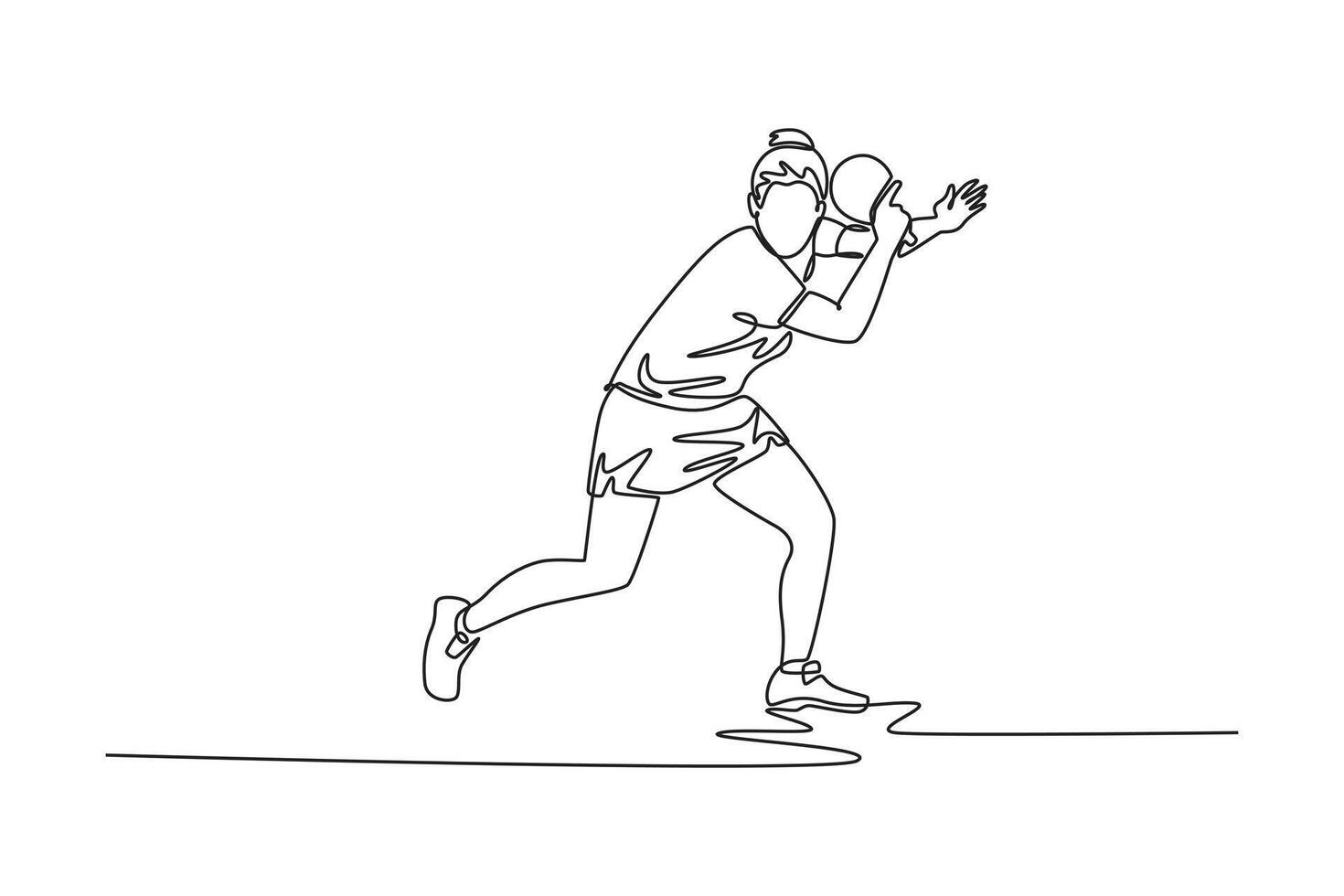Continuous one line drawing professional woman table tennis player get ready to receive the ball from opponent. She is performing backhand method. Single line draw design graphic illustration vector
