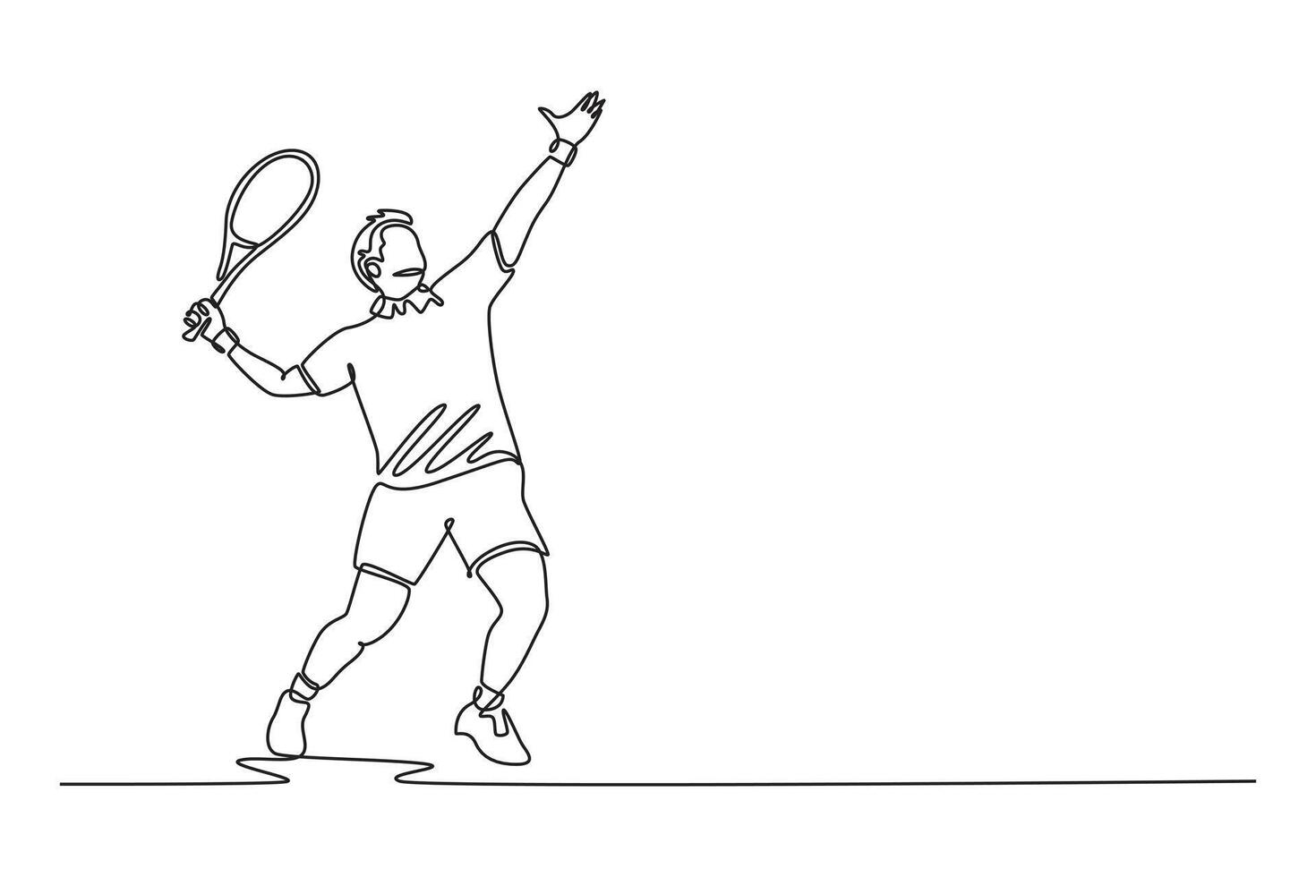 Continuous one line drawing professional tennis player serves tennis ball with precision and power. Sportsman practicing his skills and technique. Single line draw design graphic illustration vector