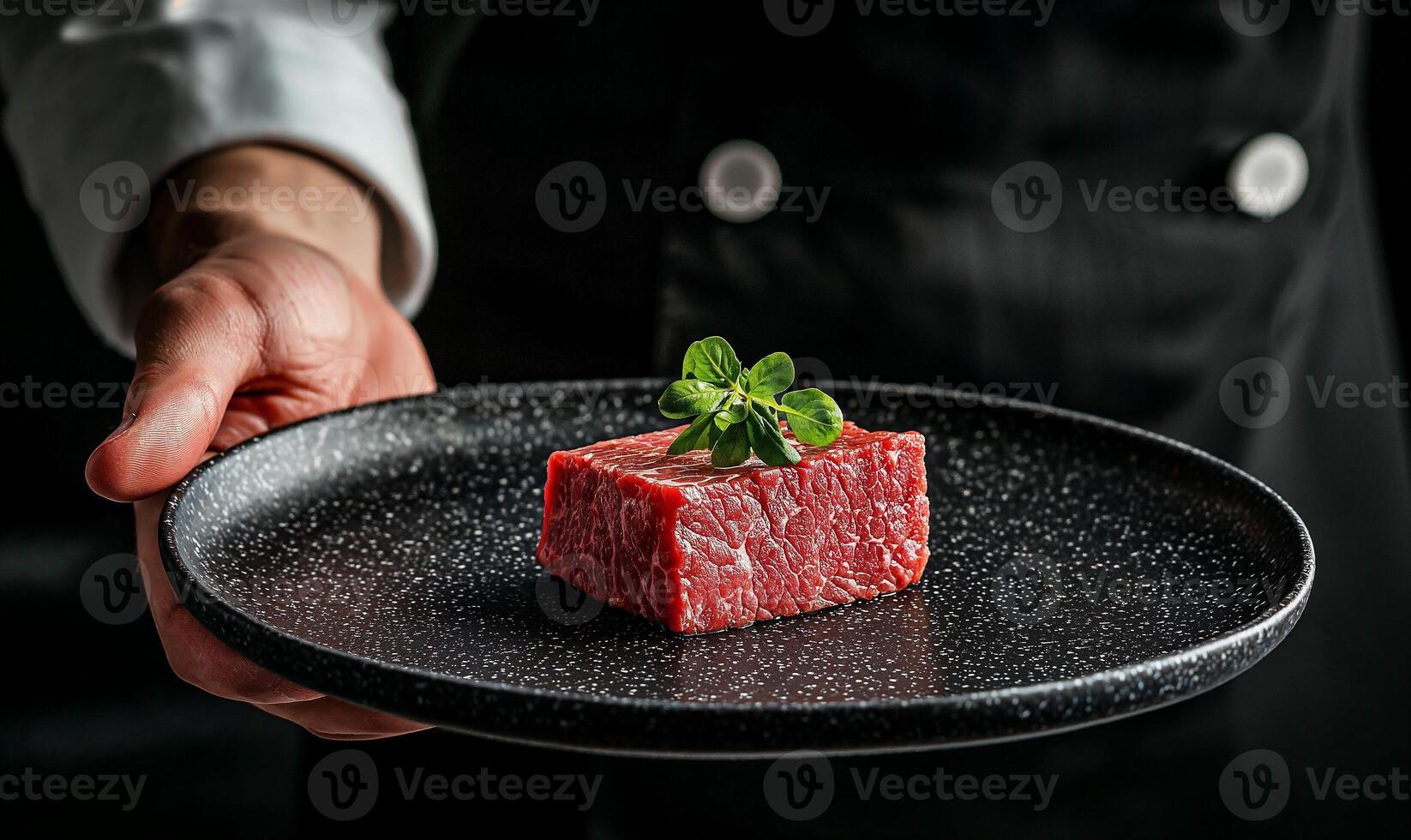 Chef presenting raw beef cube on black plate in restaurant background, copy space photo