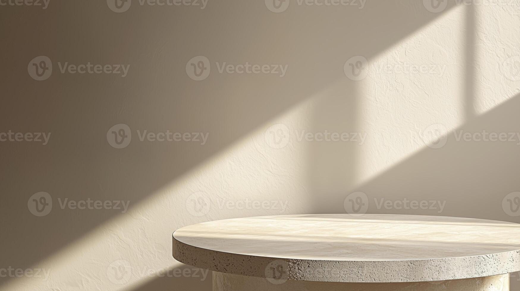 Minimalist white round pedestal with soft shadows in sunlight for elegant product presentation photo