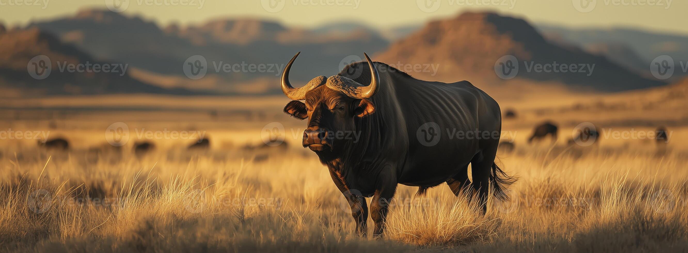 Bull standing in golden grassland in blurred background at sunset photo