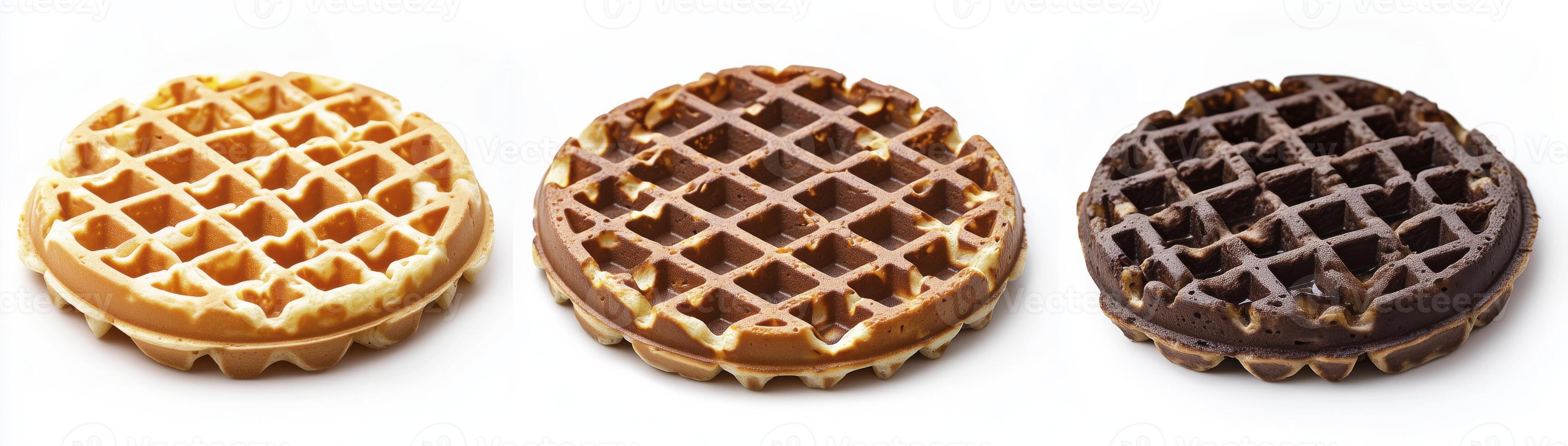 Three different round waffles isolated on white background photo