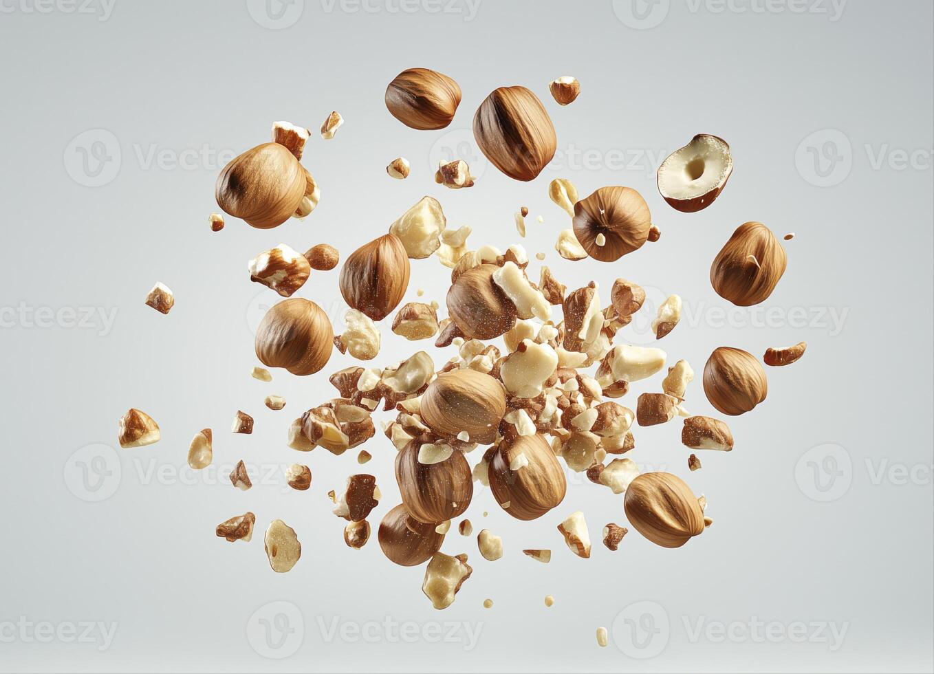 Hazelnut splash with cracked nuts isolated on white background photo