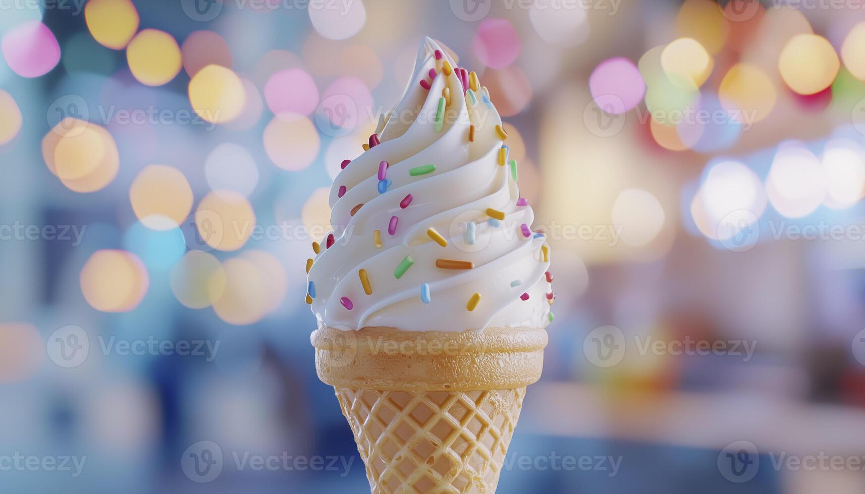 Vanilla soft serve ice cream cone with colorful sprinkles photo