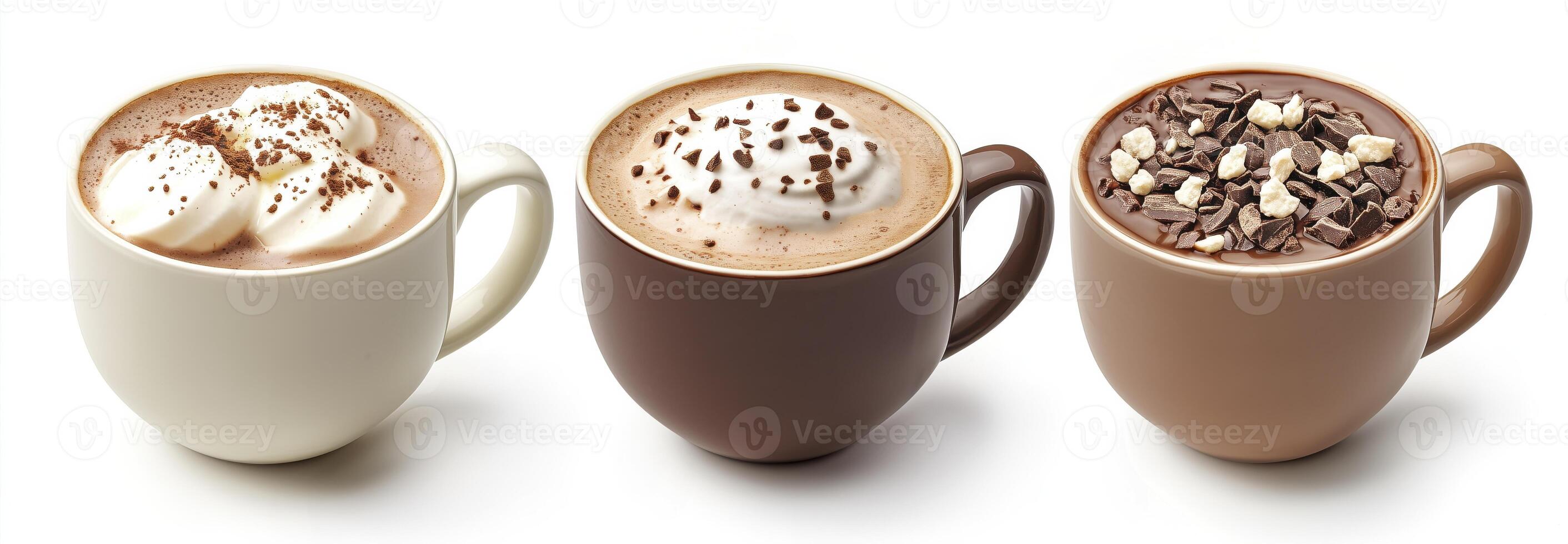 Hot coffee drinks with different toppings isolated on white background photo