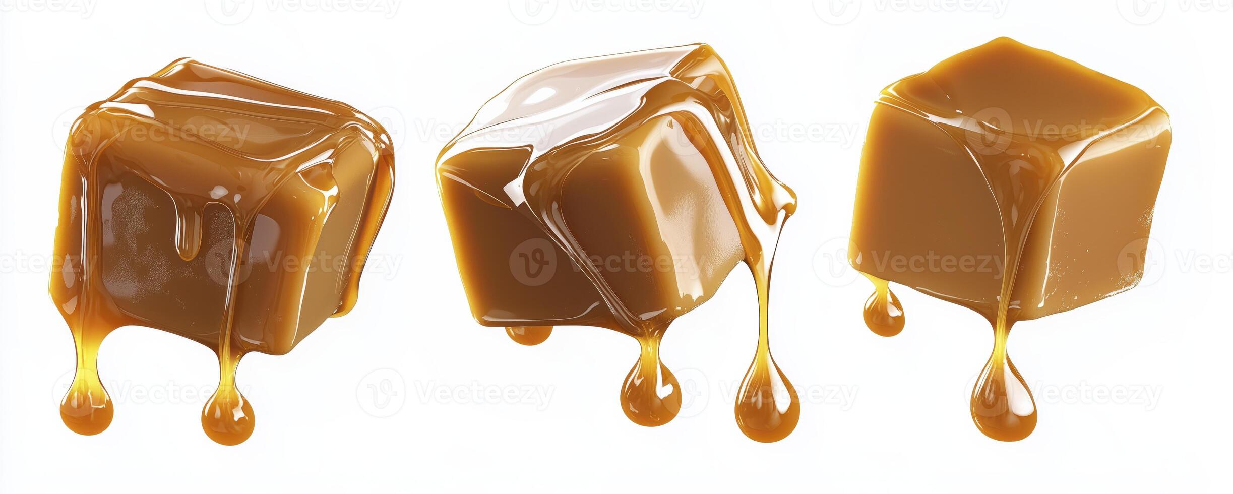 Melting caramel candy cubes with syrup drips isolated on white background photo