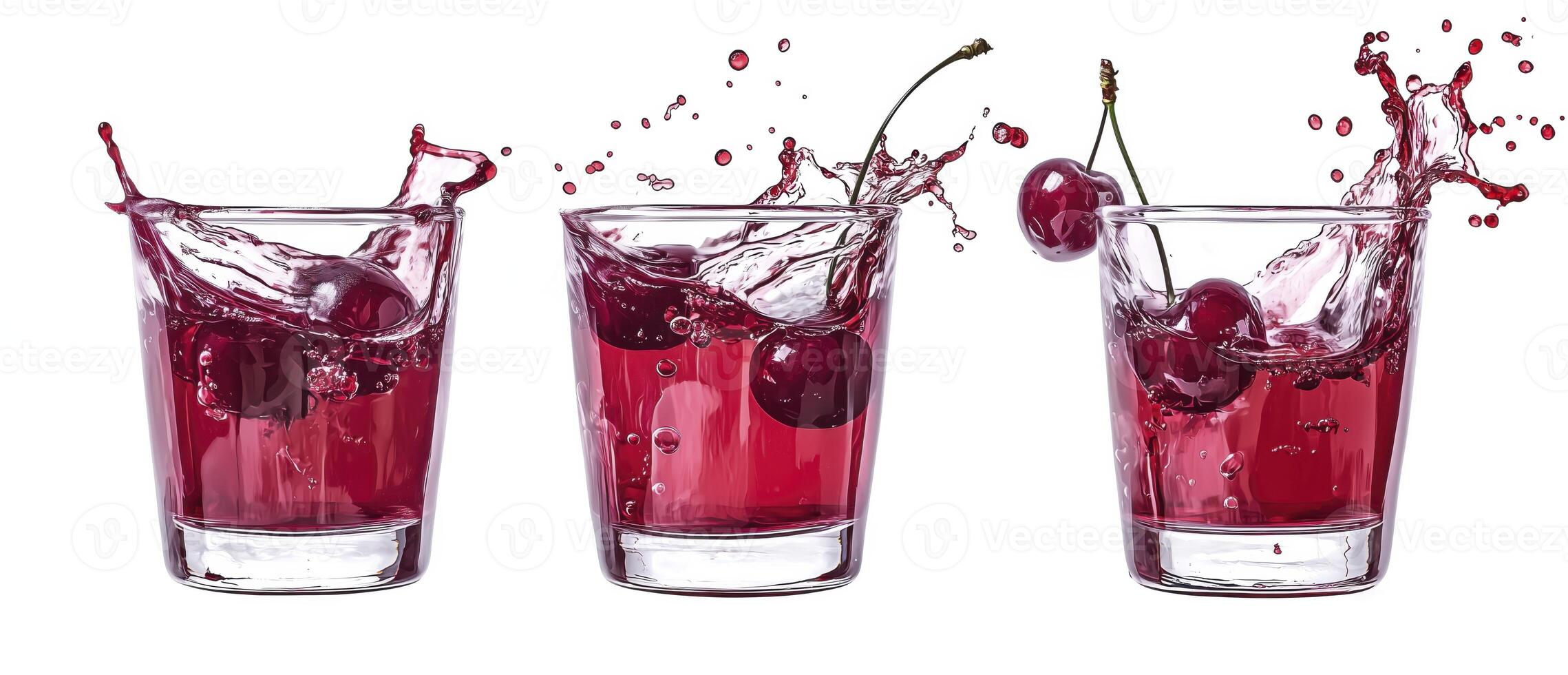 Cherry juice splashing in glass with fresh cherries isolated on white background photo