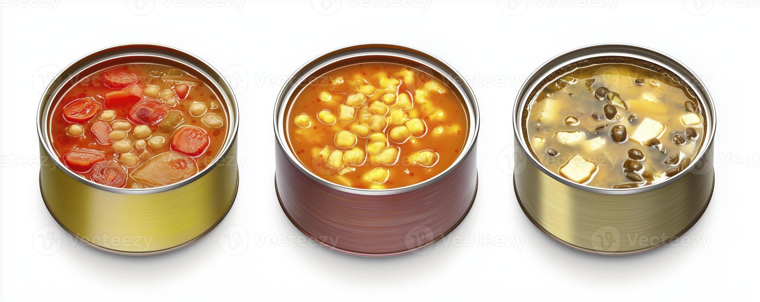 Different types of canned soup in metal cans isolated on white background photo
