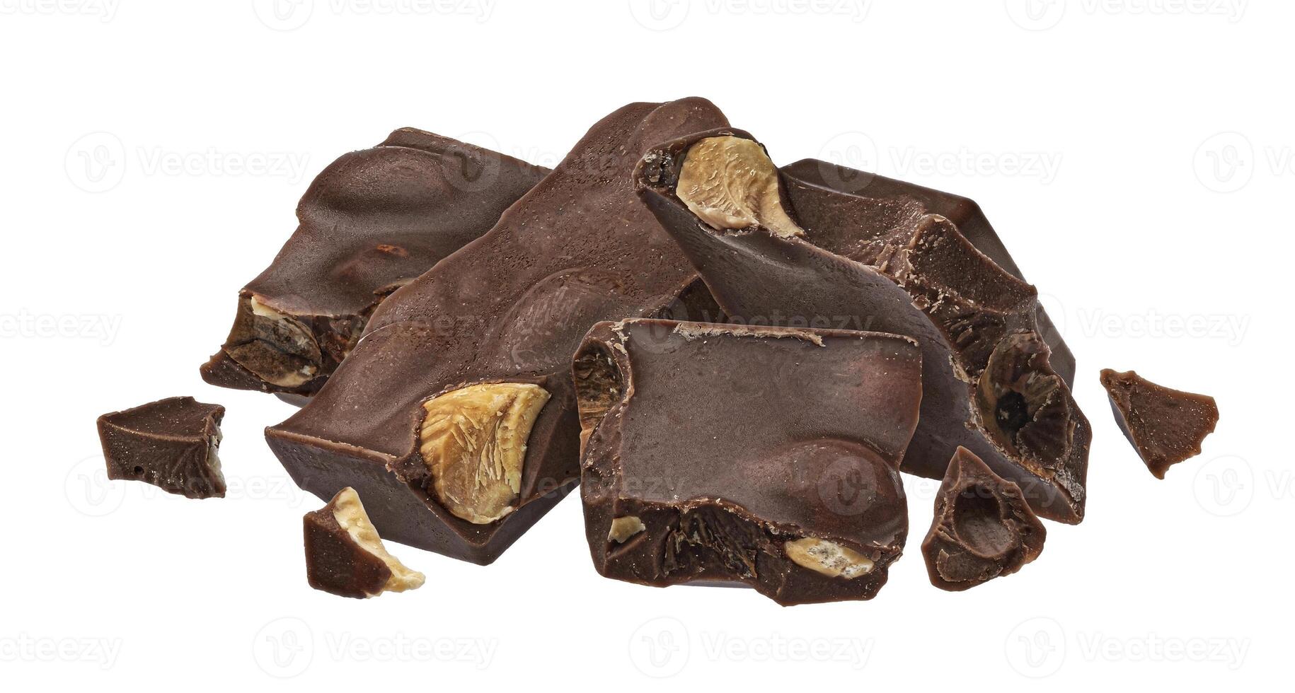 Dark chocolate chunks with almond isolated on white background photo