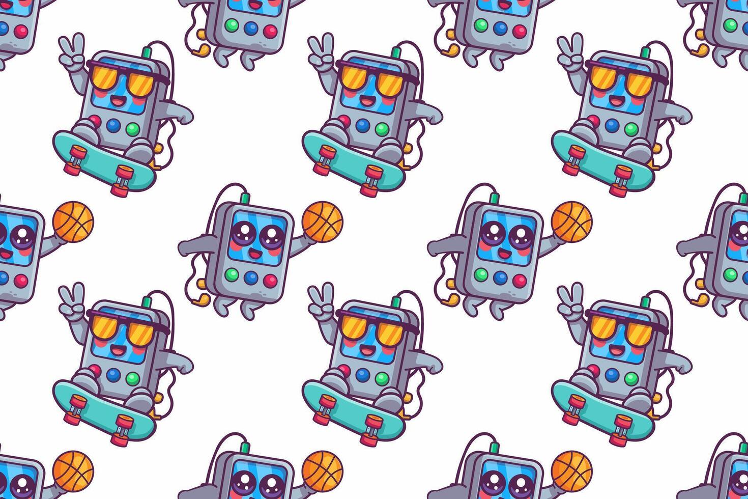 cheerful portable music player character seamless pattern illustration background vector