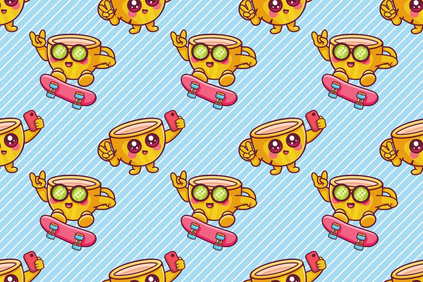 happy coffee cup character seamless pattern illustration background vector