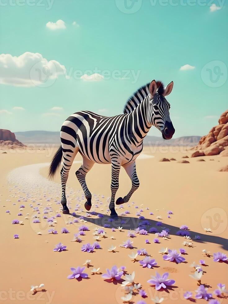 A zebra with striking black and white stripes gracefully walks across a sandy desert dotted with delicate purple and white flowers under a partly cloudy photo