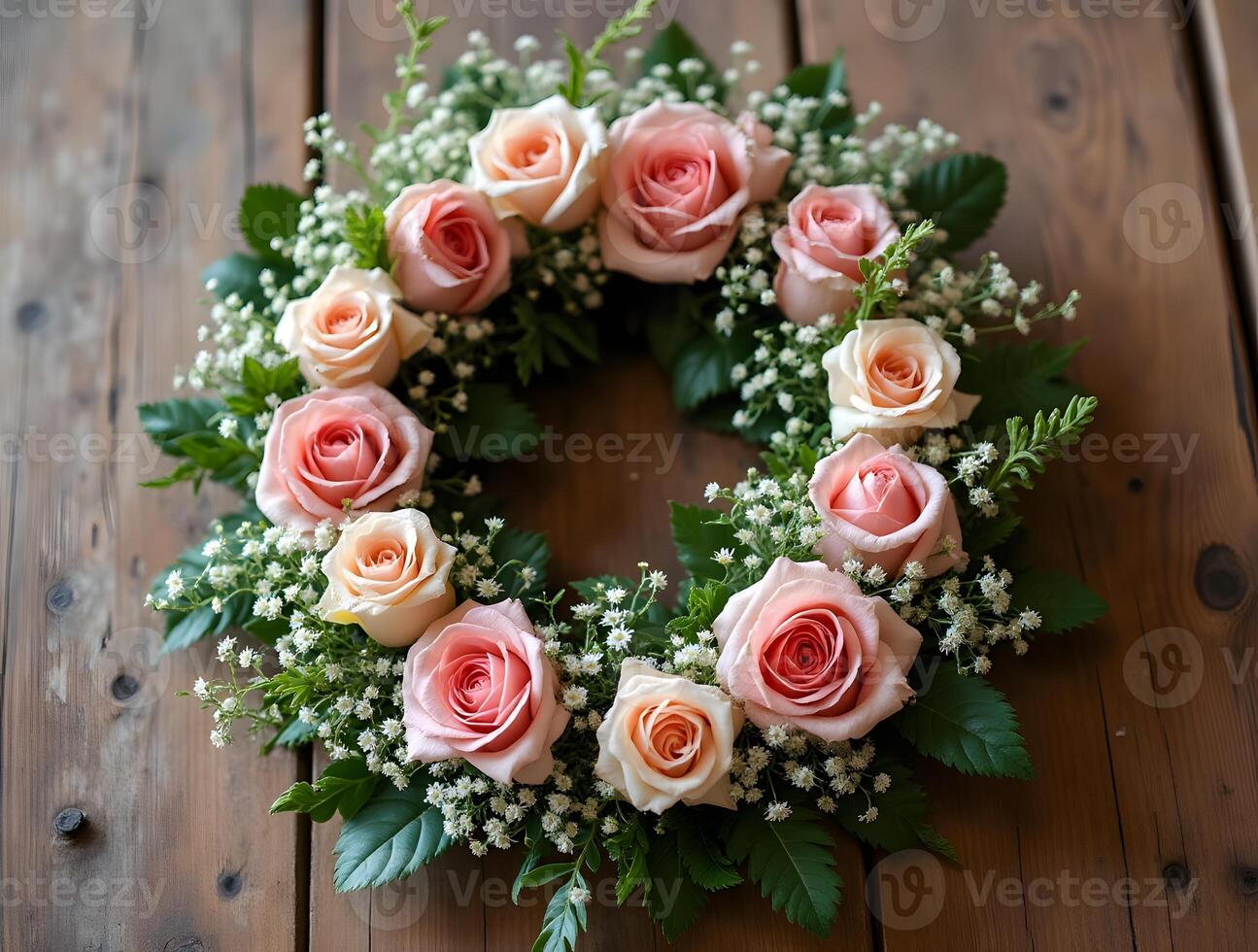 A deliwreath of pink roses, greenery, and small white flowers hangs against a rustic wooden backdrop photo