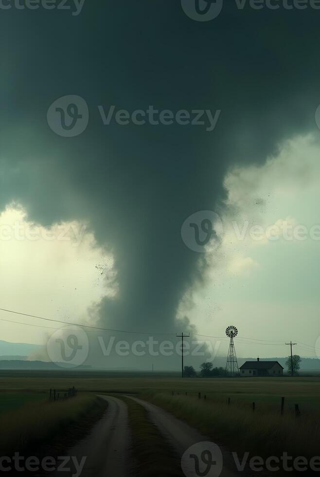 very massive, ominous tornado looms over a rural landscape with a small house and dirt road under a dark, stormy sky photo