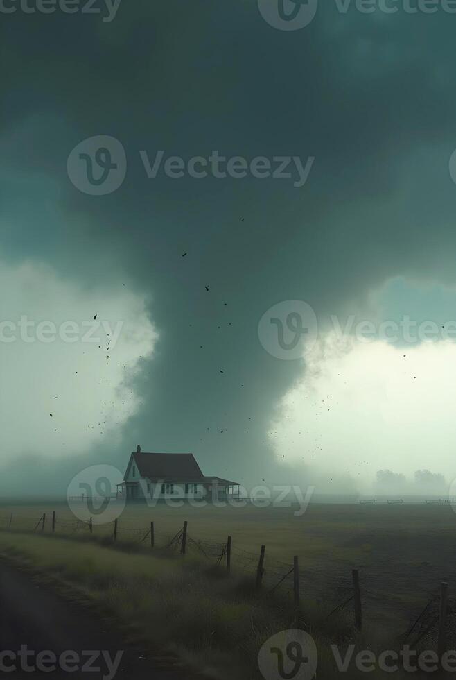 ominous tornado touches down in rural landscape under a dark, stormy sky, kicking up dust and debris photo