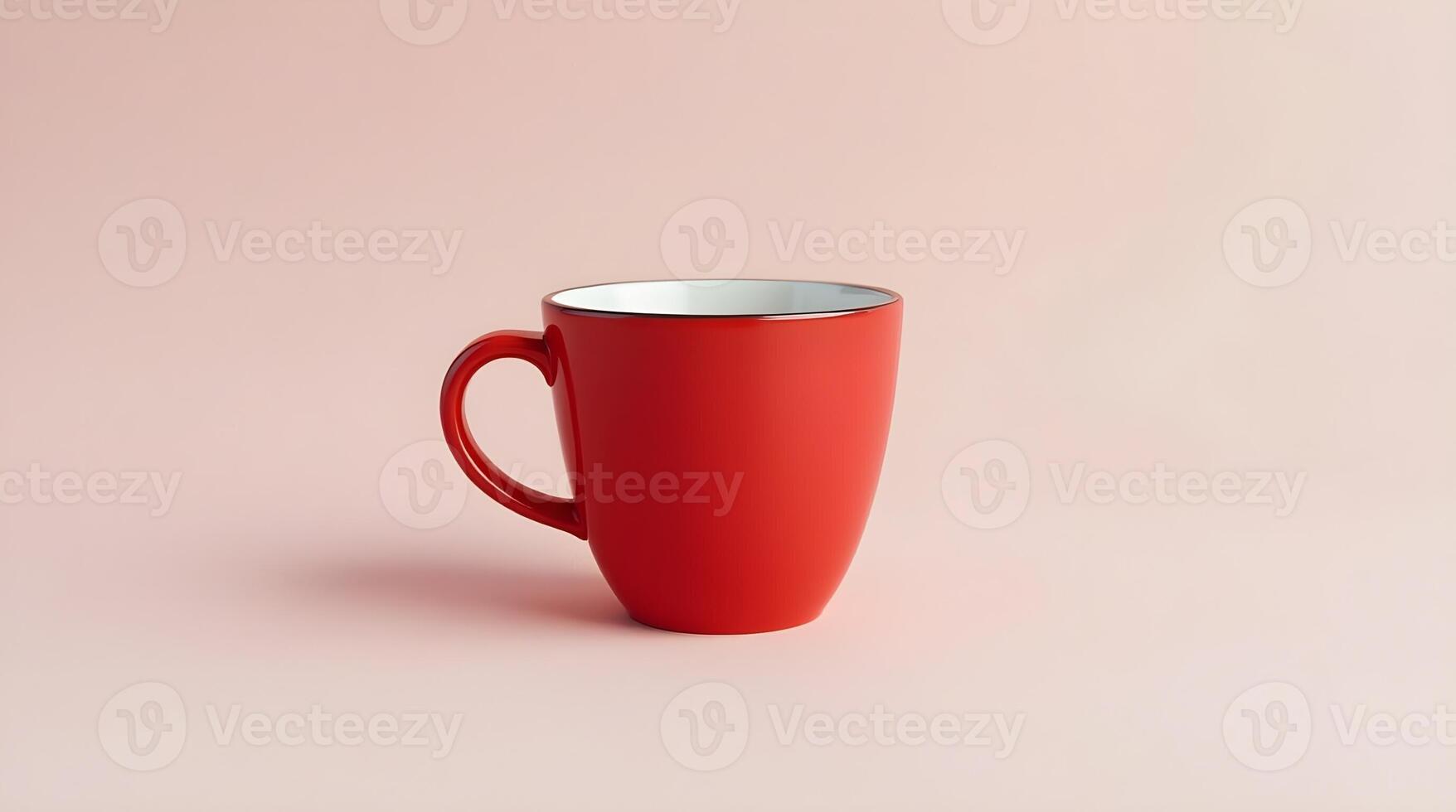 A red coffee mug with a white interior and a thin black line on the rim, centered against a light pink background photo