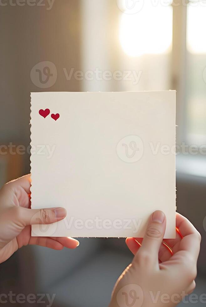 hands gently hold blank, textured white card adorned with two small red hearts, illuminated by soft, warm light photo