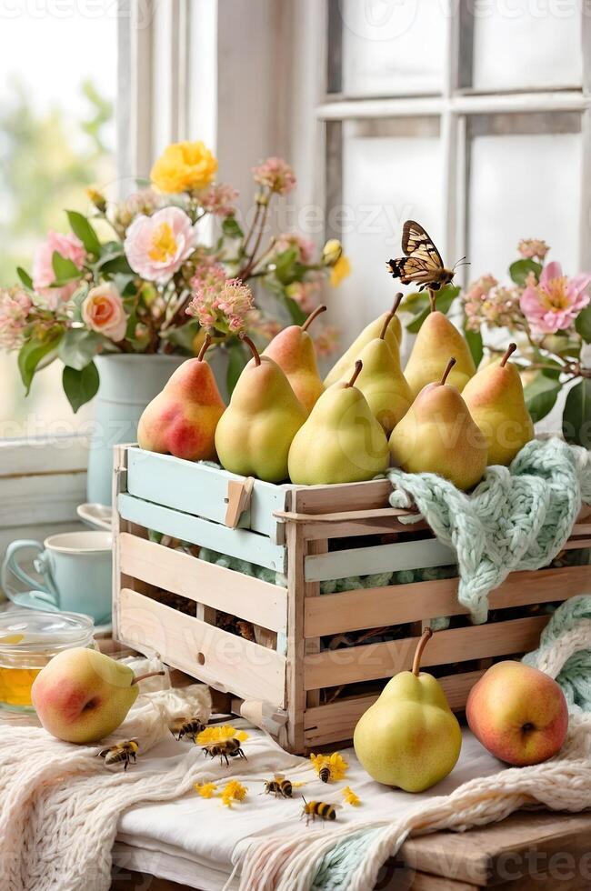 rustic wooden crate overflows with ripe pears, accompanied by honey in a jar, buzzing bees photo