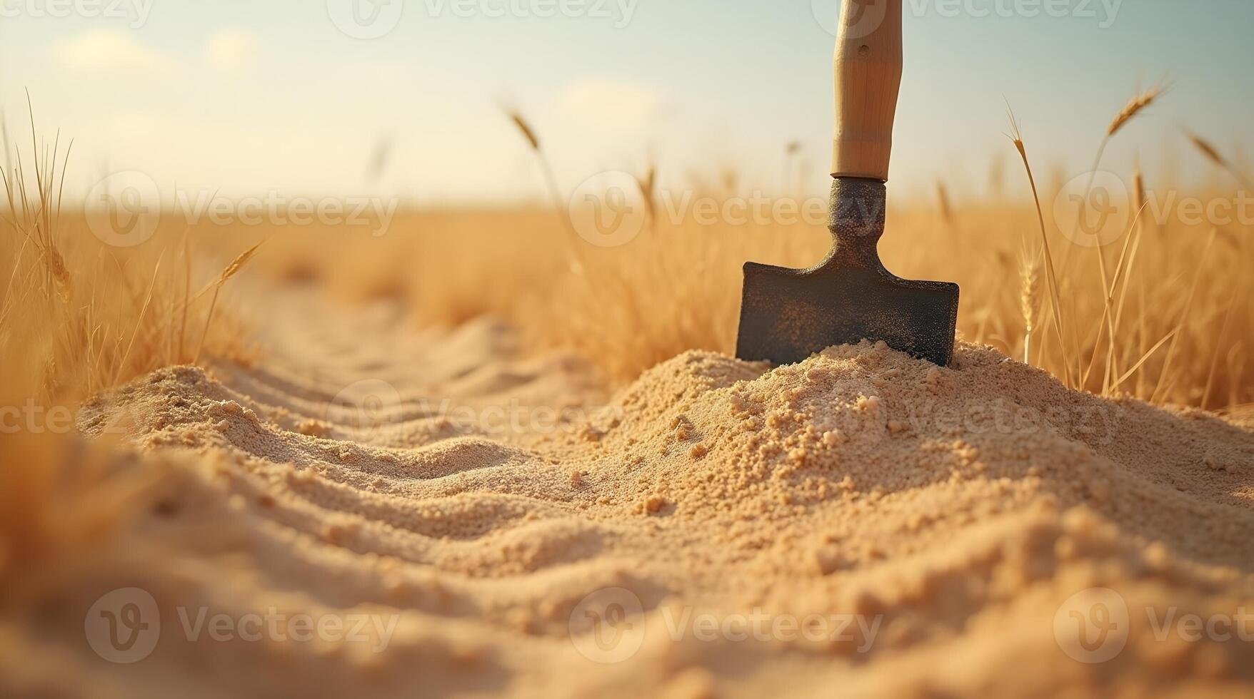 A small shovel with a wooden handle is stuck in a mound of dry photo
