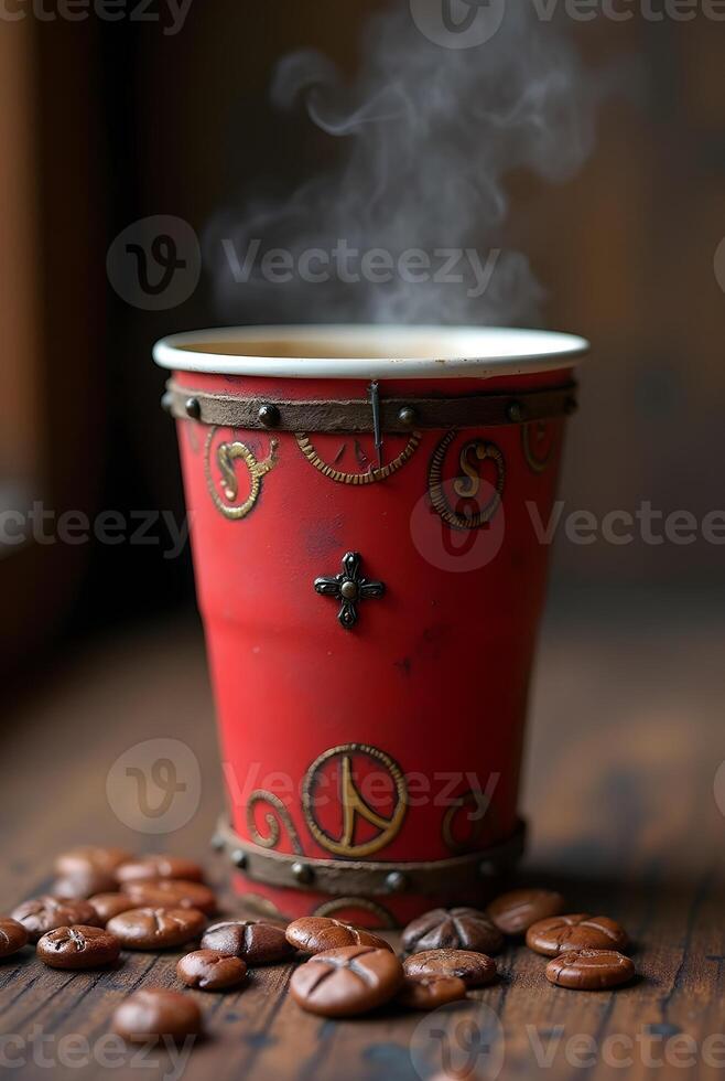 A steaming red paper cup with decorative steampunk-style embellishments and coffee beans on a wooden surface, suggesting a unique and artisanal beverage photo
