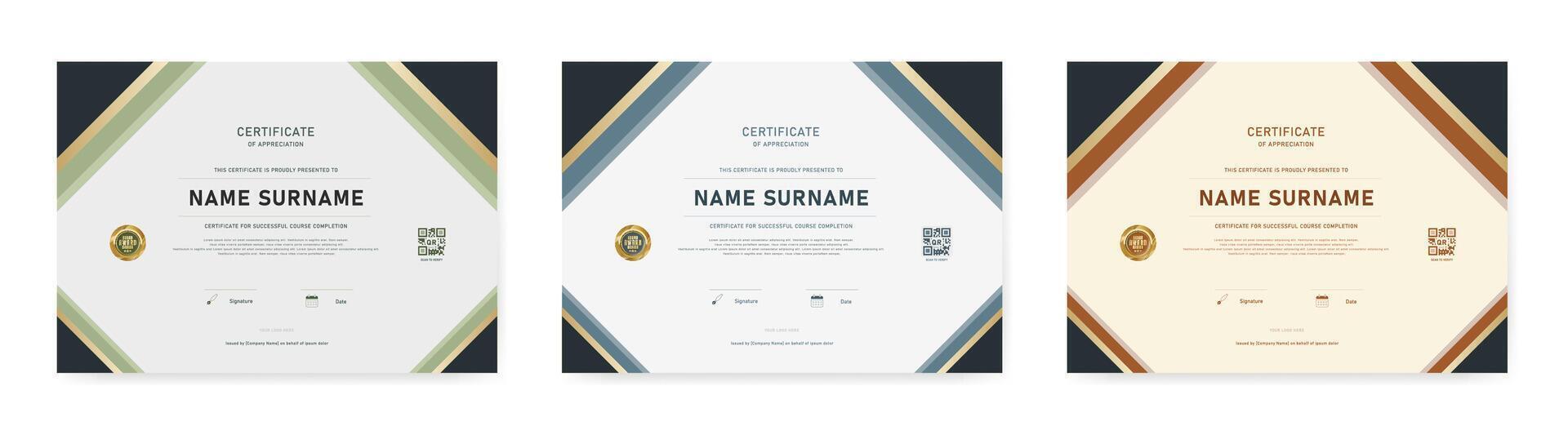 Complete set of modern certificate templates with full-frame diagonal edge accents, award badge, QR code, logo placeholder, signature date fields, and issuance line. vector