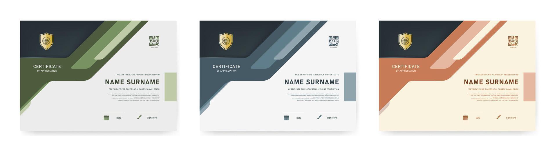 Modern professional certificate templates with a shield-style gold badge and angled layout. Includes three color variations green, blue-gray, and warm brown. vector