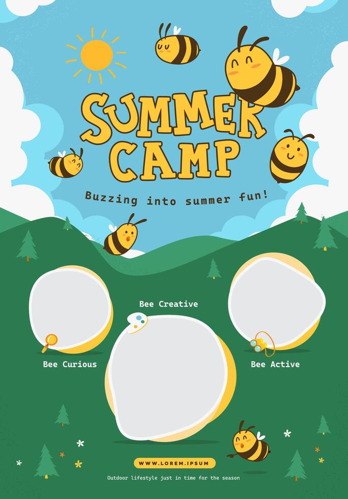 Adorable summer camp poster featuring cartoon bees, sunny sky, and labeled activity zones. Perfect for kids events or outdoor education themes. vector