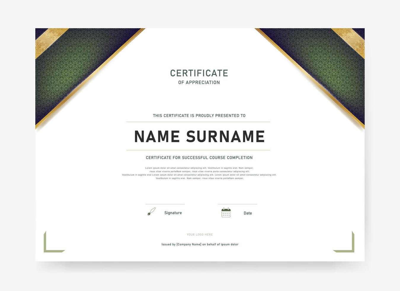 Professional certificate design featuring a logo placeholder, gold textured corners, signature date fields, and official issuance text. vector