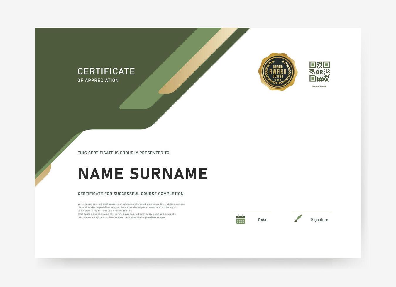 Contemporary certificate template featuring bold geometric corners, QR code for verification, and gold award badge. Ideal for course completion, appreciation, or professional recognition. vector