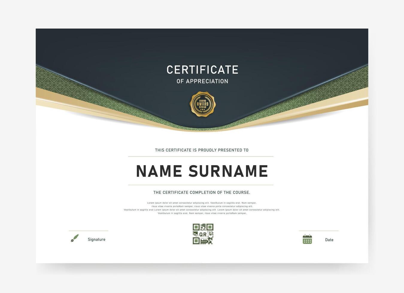 Minimal and elegant certificate template with gold and green accent, decorative pattern, and modern icon set for signature, date, and QR code. Perfect for online awards or corporate recognition. vector