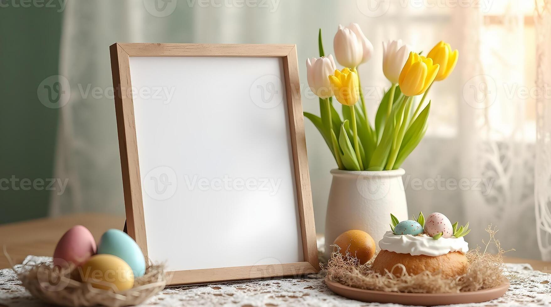 A blank wooden frame sits on a table adorned with colorful Easter eggs, a festive Easter cake, and a vase of tulips, creating a warm and inviting springtime photo