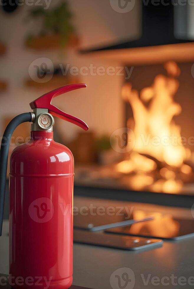 red fire extinguisher stands prominently in the foreground, sharply focused, while flames erupt from a stove photo