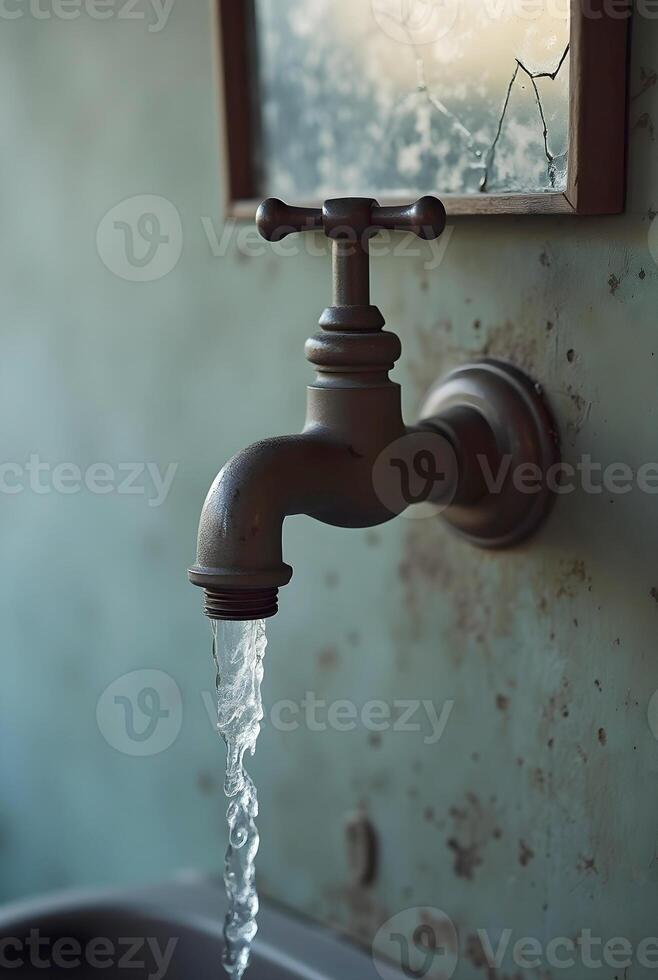 weathered metal faucet mounted on a cracked wall drips a thin stream of water into a stained sink photo