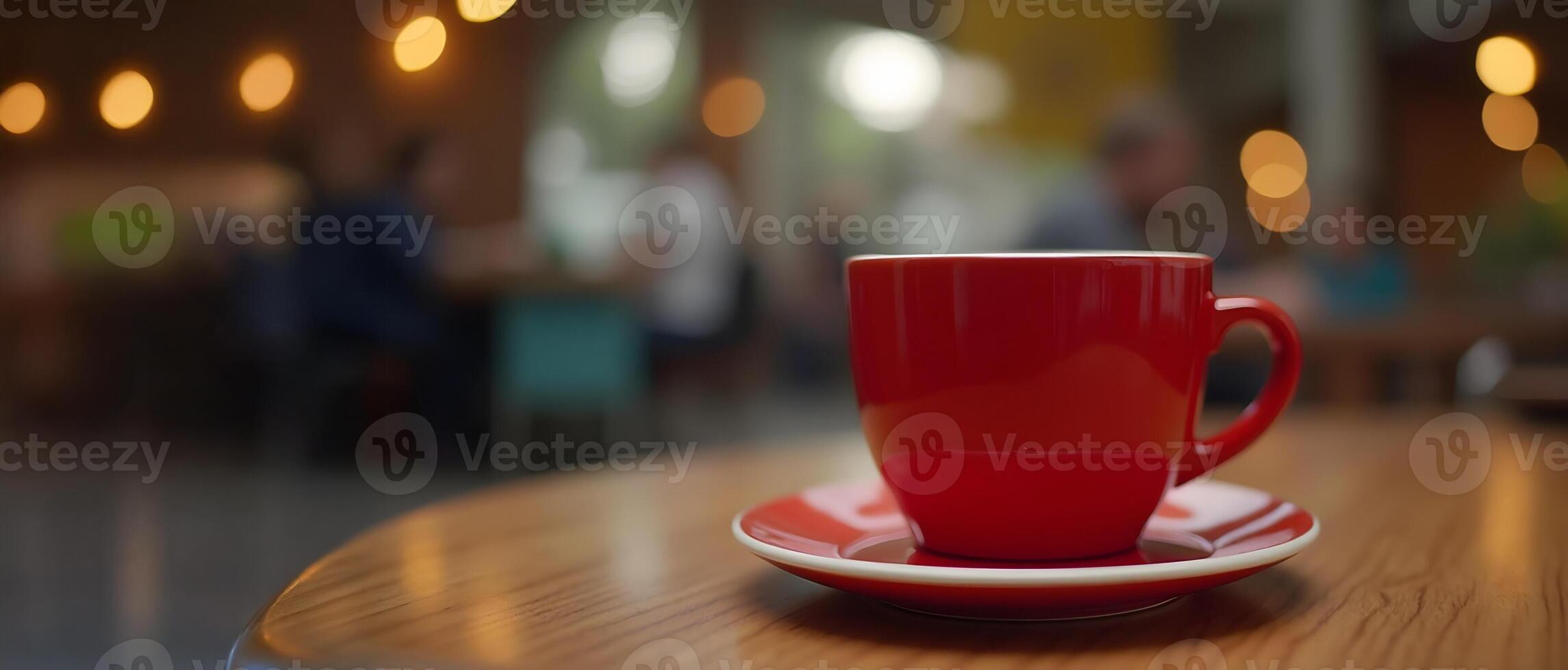A vibrant red coffee cup sits on a wooden table in a bustling cafe, with blurred background of people and warm lighting photo