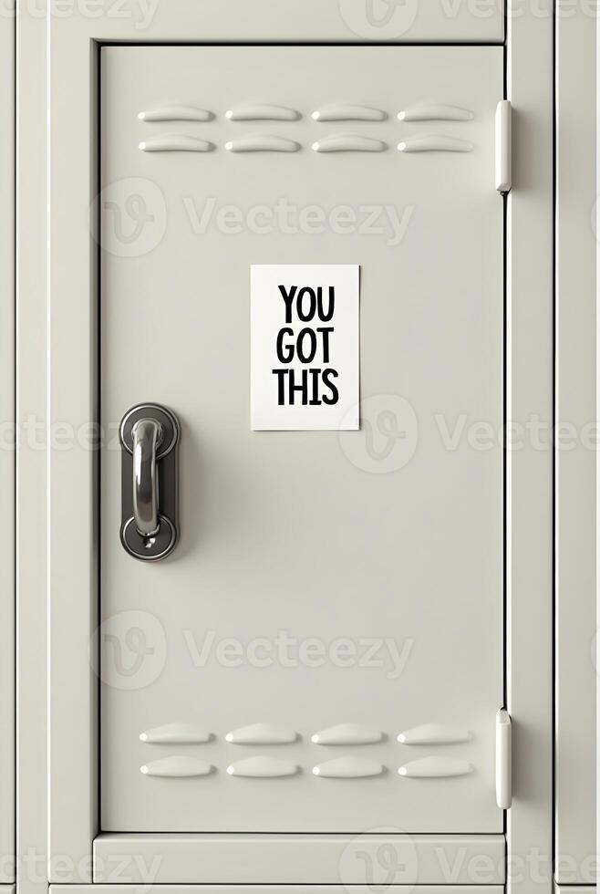 A light gray metal locker features silver handle and a white sticker that boldly states, YOU GOT THIS photo
