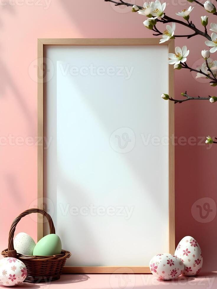 A blank frame set against soft pink backdrop, adorned with Easter eggs, a wicker basket, and blossoming branches, creating a festive and inviting springtime scene photo