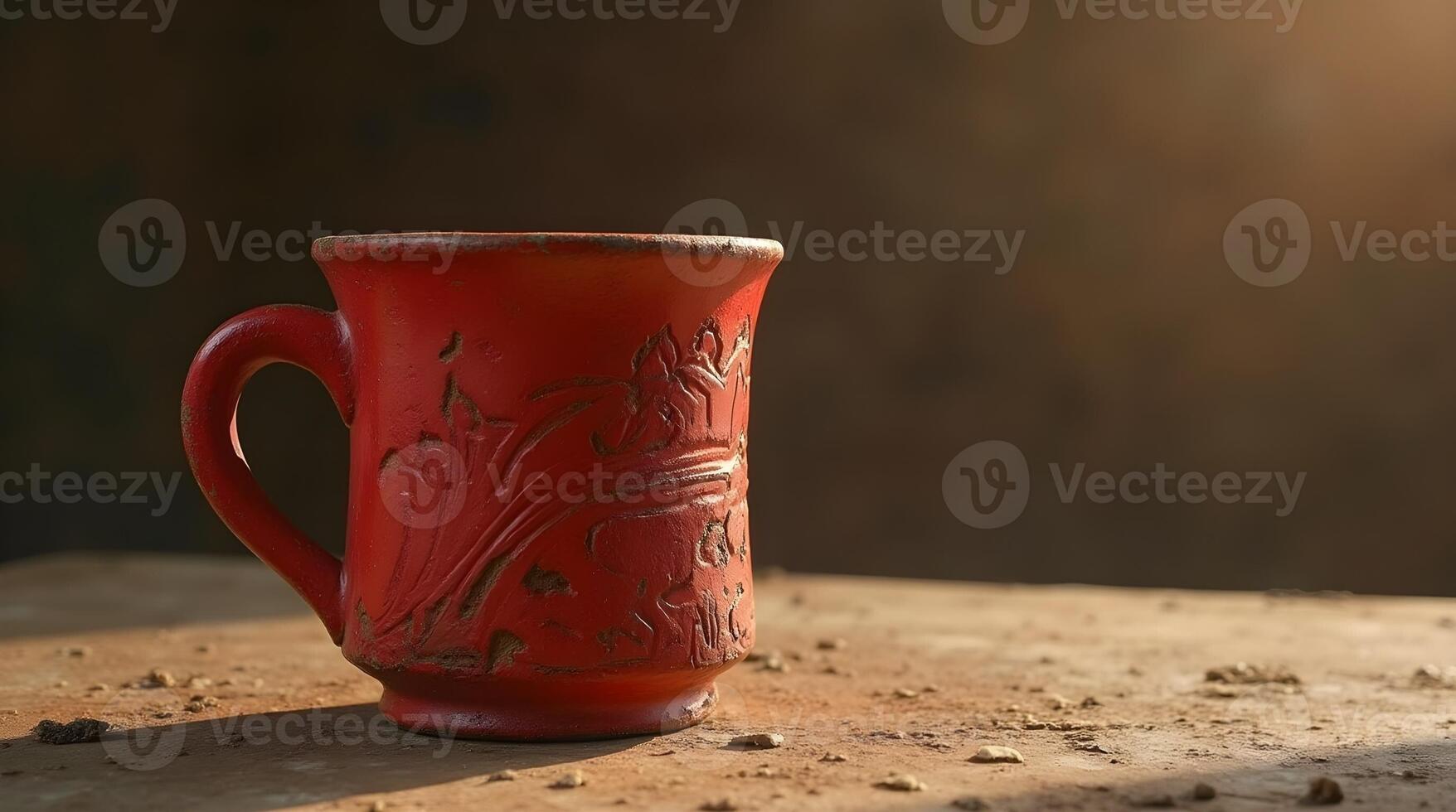 A rustic red mug with decorative carvings sits on a textured stone surface, conveying a handmade and artisanal feel photo
