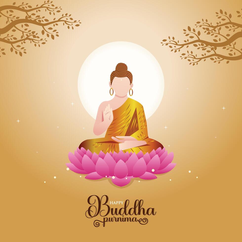 Happy Vesak Day. Buddha Purnima greetings with a serene Buddha and lotus illustration perfect for posters, banners, logos, prints, and more. vector