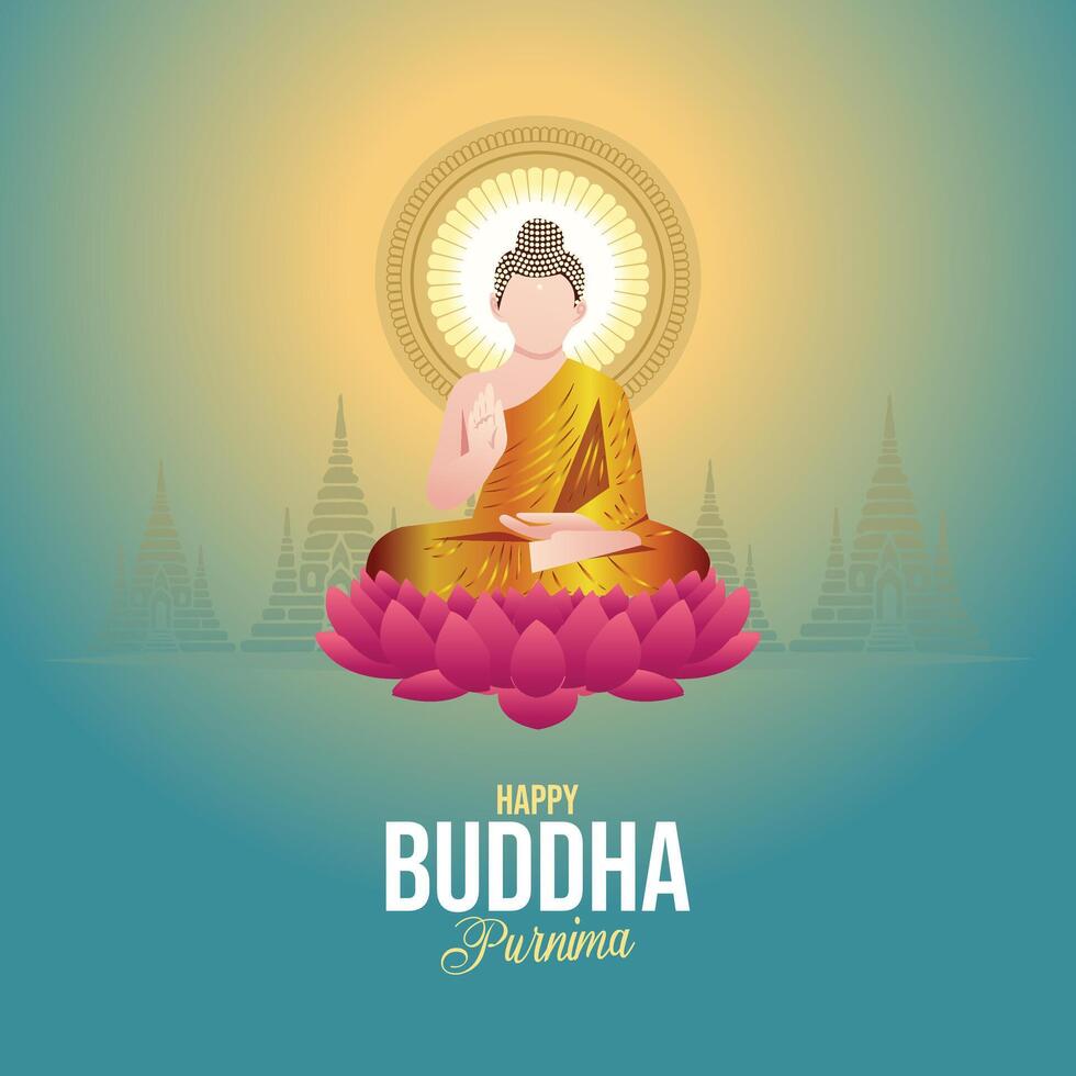 Happy Vesak Day. Send Buddha Purnima wishes with a Buddha and lotus illustration perfect for posters, banners, logos, backgrounds, greetings, and abstract print designs. vector