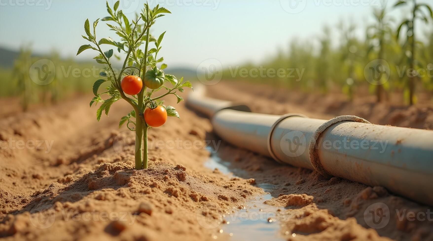 Row of young tomato plant with ripening red and orange fruits grow along a drip irrigation line in a sun-drenched field photo