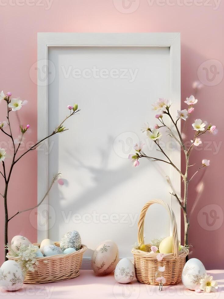 A blank vertical frame set against pink backdrop, adorned with Easter eggs, a wicker basket, and blossoming branches, creating a festive and inviting springtime scene photo