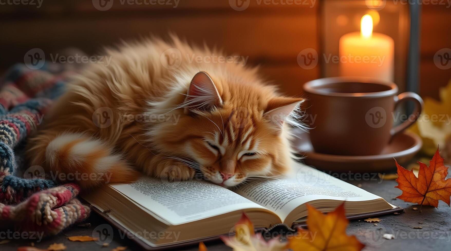 A ginger cat naps atop an open book, amidst steaming coffee, a candle, and autumn leaves photo