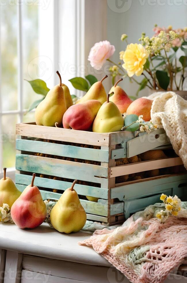 A rustic wooden crate overflows with ripe pears, accompanied by honey in a jar, buzzing bees photo