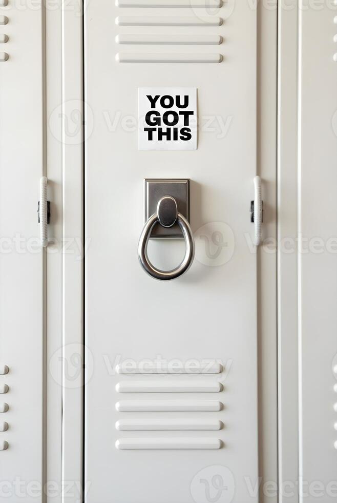 light gray metal locker features a silver handle and a white sticker that boldly states YOU GOT THIS photo
