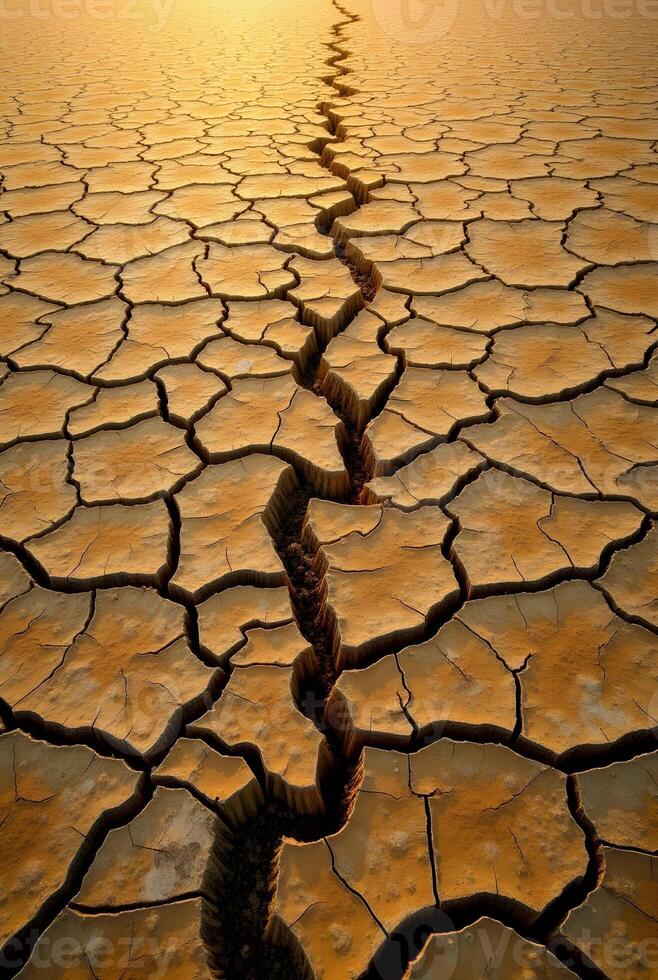 A vast expanse of parched, cracked earth stretches towards the horizon under a warm, golden light, dominated by a long, winding fissure photo
