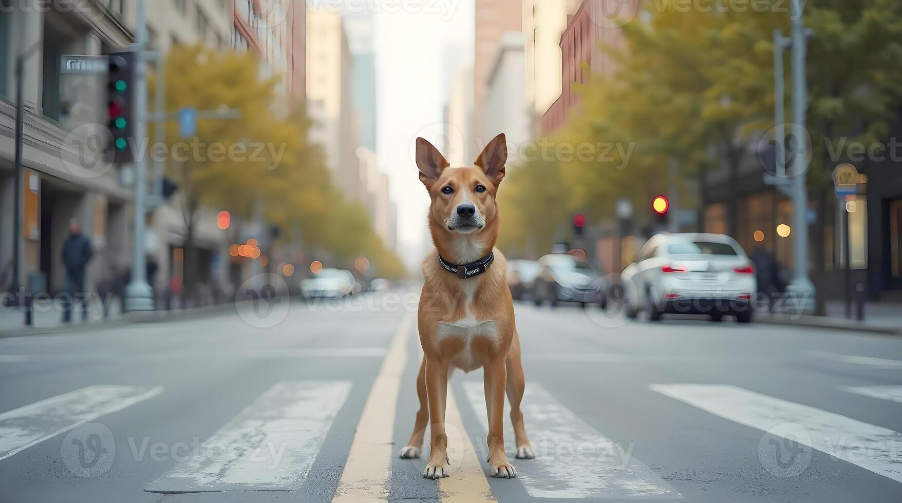 tan Carolina Dog with black collar stands confidently in the middle of a pedestrian crosswalk photo
