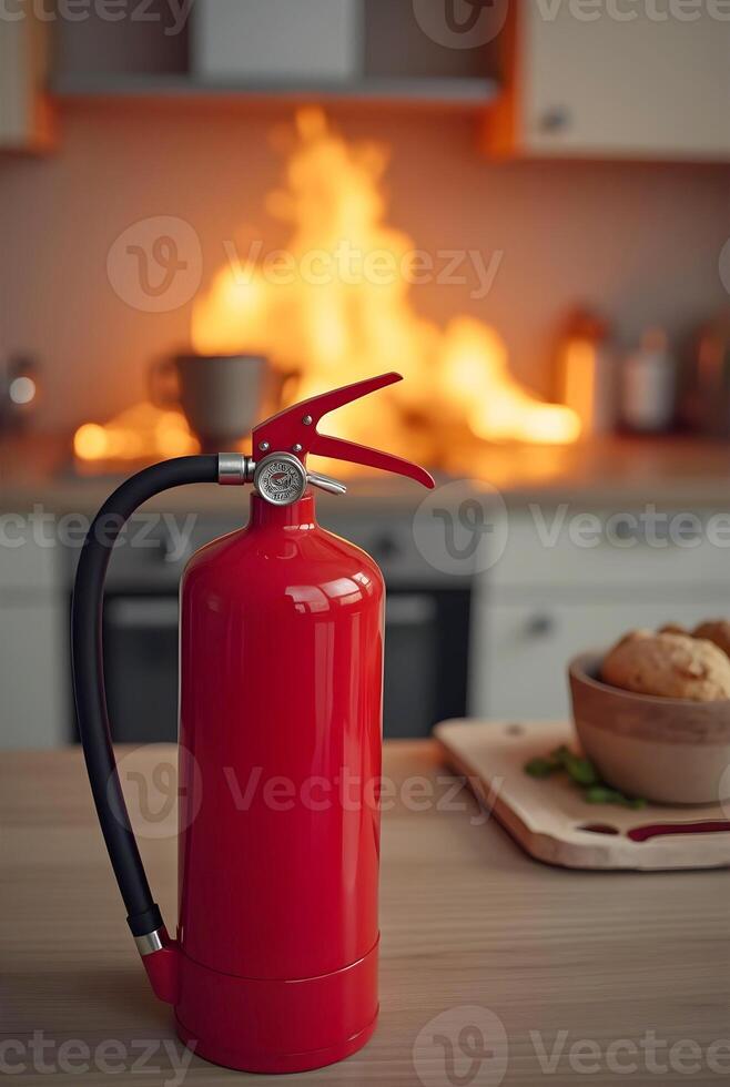 One red fire extinguisher stands prominently in the foreground, sharply focused, while flames erupt from a stove photo