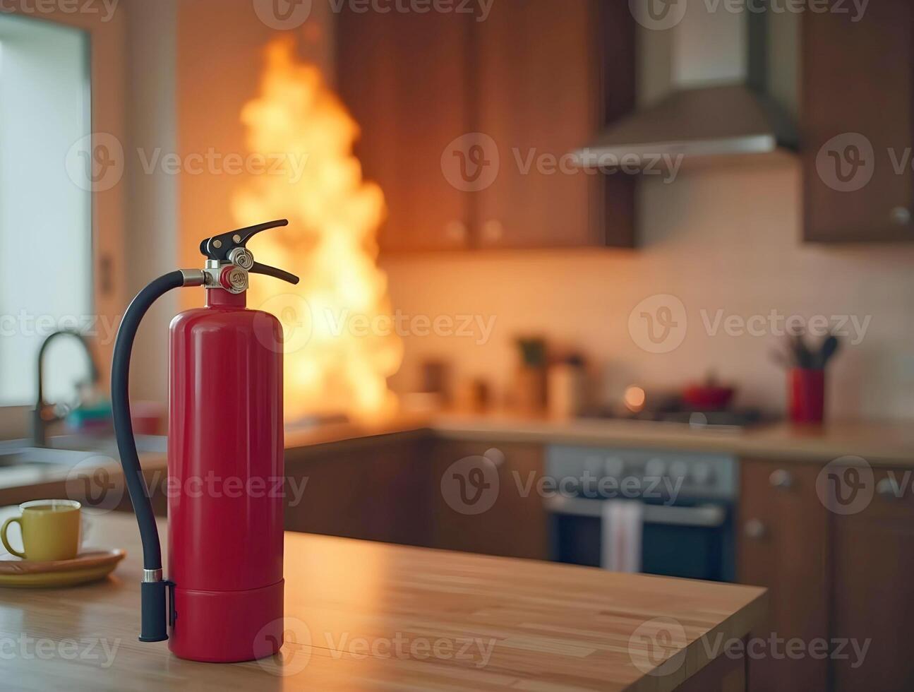 fire extinguisher stand prominently in the foreground, sharply focused, while flames erupt from a stove photo